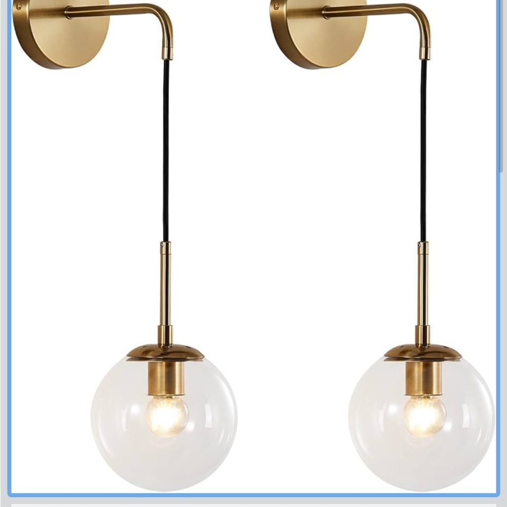 NIB Modern Wall Sconce Fixture Set of 2 Gold Adjustable Cord Brass Round Glass